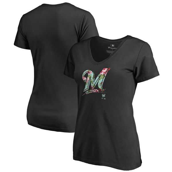 Women Milwaukee Brewers Fanatics Branded Lovely V Neck T-Shirt Black Fyun